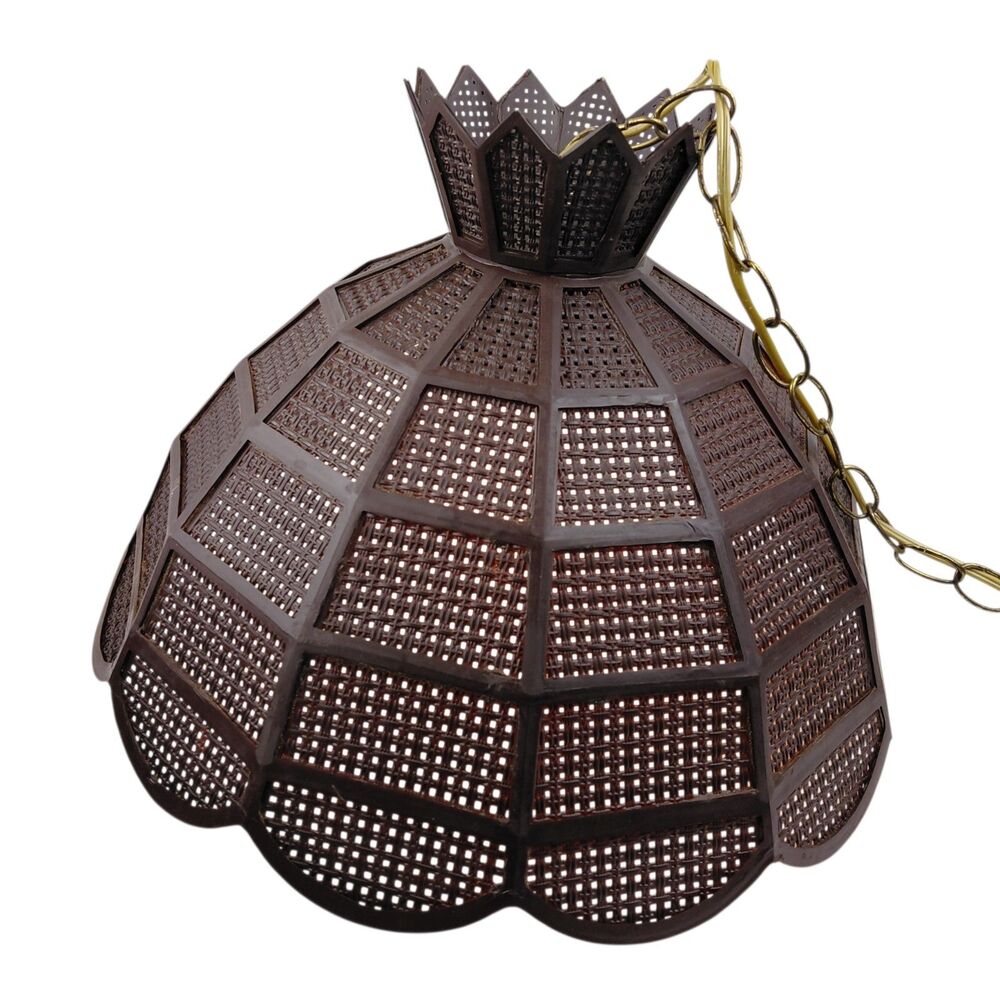 MCM Hanging Swag Lamp Brown Wicker Rattan Shade 12 ft Chain Cord Plug Vtg - Picture 14 of 16